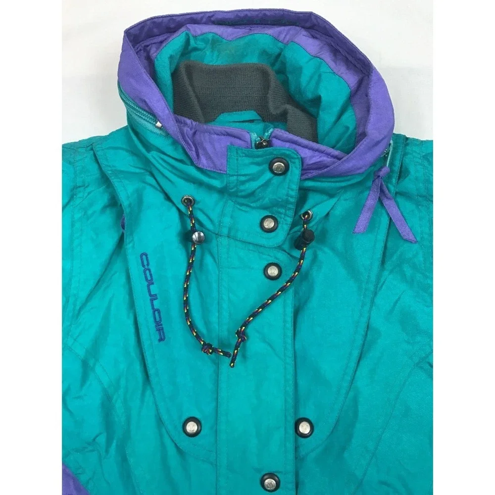 Couloir Ski Jacket Coat Vintage Womens Size 10 Green Purple Hidden Hood‎